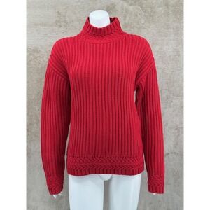 LL Bean Signature Sweater Women Medium Red Organic Cotton Fisherman Holiday Knit